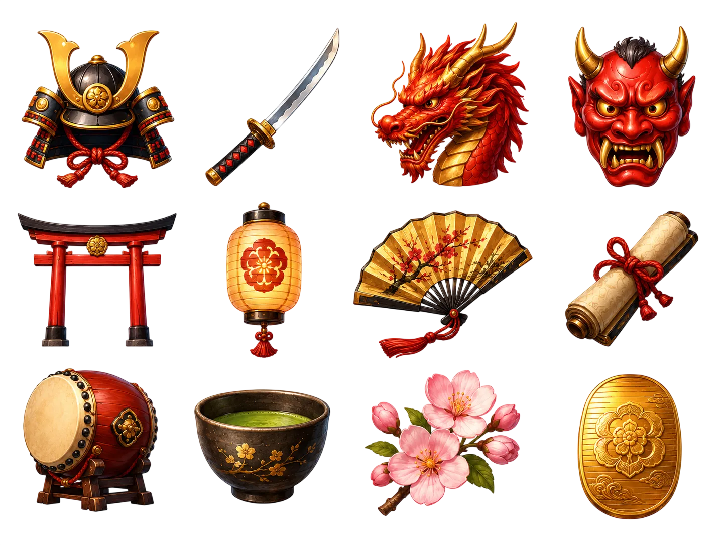 Samurai Dragon -symbolit: samuraikypärä, katana, lohikäärme, oni-naamio, torii-portti, lyhty, viuhka, käärö, taiko-rumpu, teekulho, sakura ja kultainen kolikko